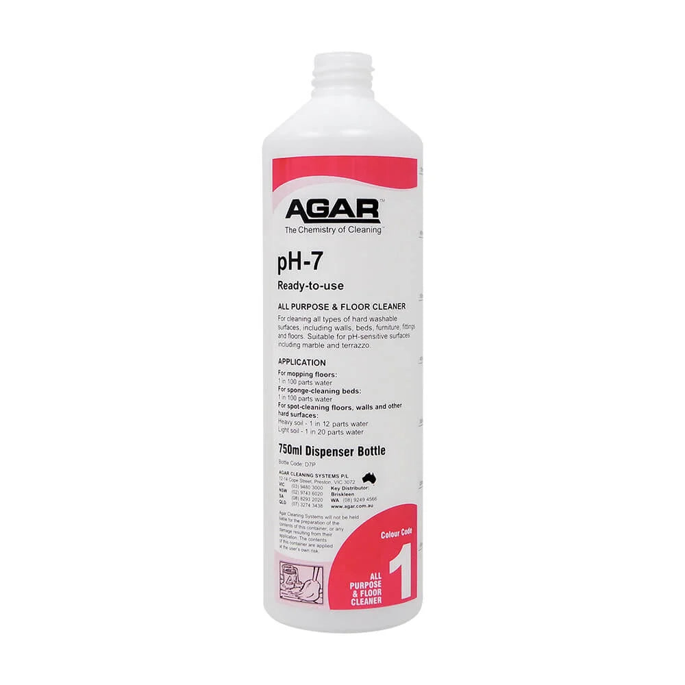 A 790ml white plastic dispenser bottle of AGAR pH-7 All Purpose & Floor Cleaner, featuring a white label with red and black text and graphics.