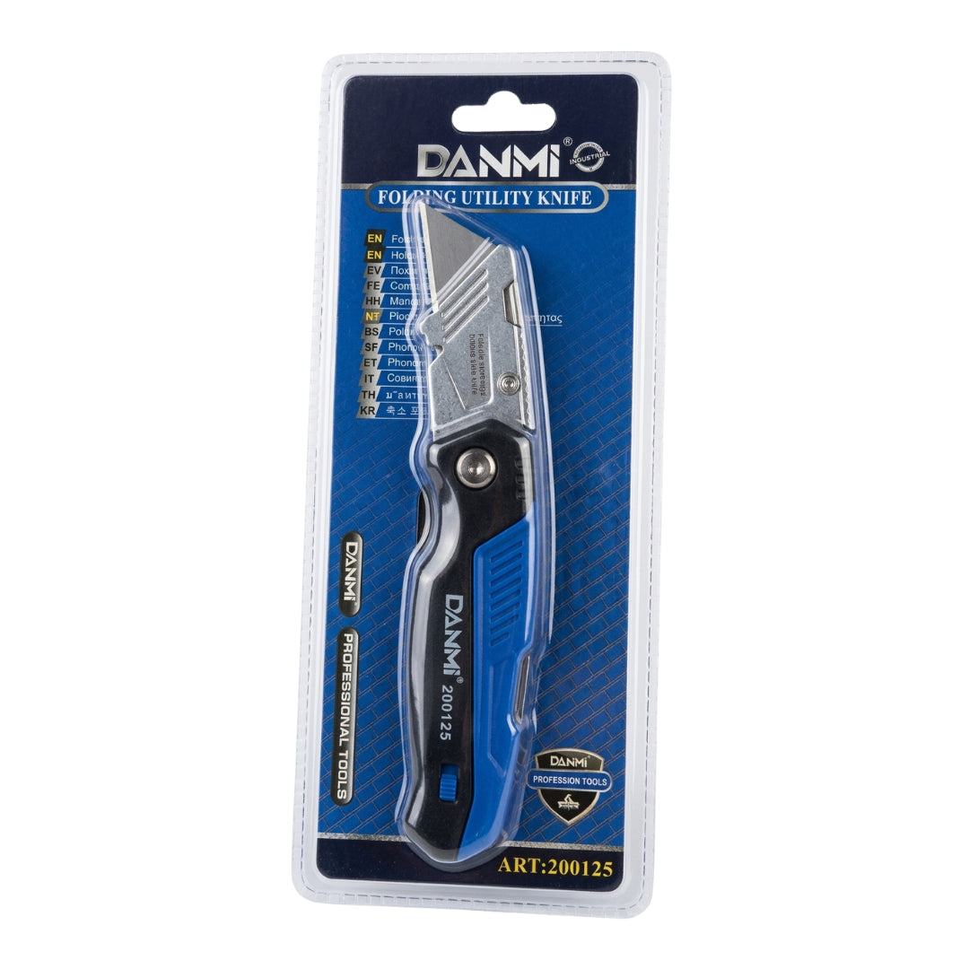A folding utility knife in retail blister packaging, with the knife showing a silver metal blade and a blue and black handle. The backing card is blue and white with the brand name DANMI prominently displayed at the top.