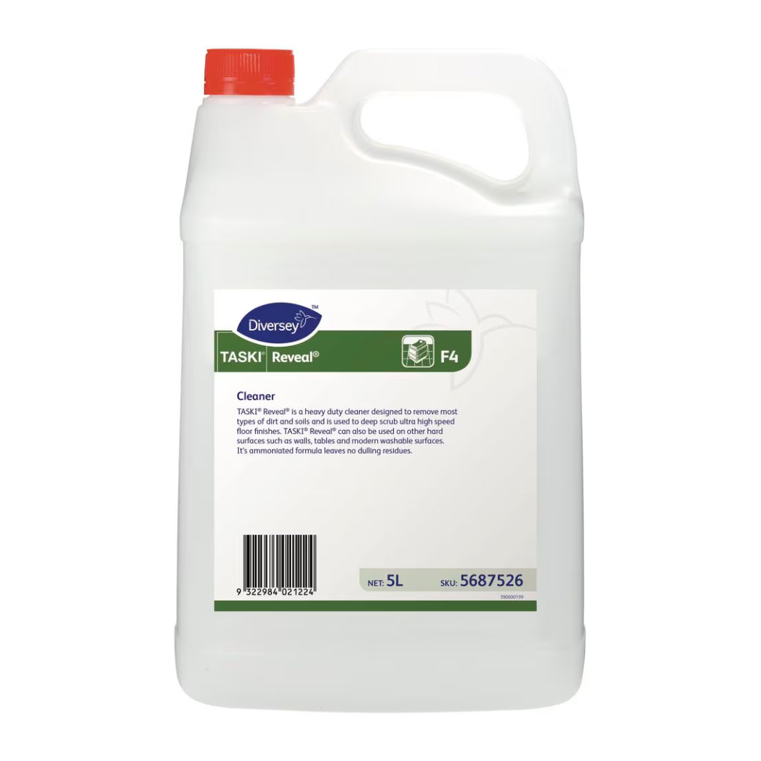 A 5L white plastic bottle of Diversey TASKI Reveal F4 Cleaner with a red cap and a white label, shown on a plain white background.