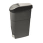 A dark gray plastic bin with a black lid and a white foot pedal, shown on a plain white background.