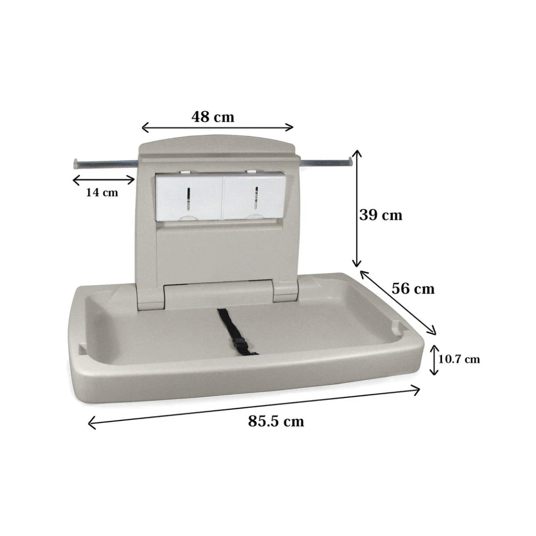 A beige plastic baby changing table with a height-adjustable backrest and dimension callouts showing measurements such as 85.5 cm, 48 cm, 39 cm, 56 cm, 14 cm, 10.