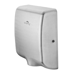 A wall-mounted stainless steel hand dryer by Dolphin, featuring a brushed metal finish and a small circular indicator light on the front.