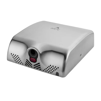 A silver metallic hand dryer with a glossy finish, featuring a red button on the front, ventilation grilles, and the 'de'longhi' brand logo on the top surface, set against a plain white background.