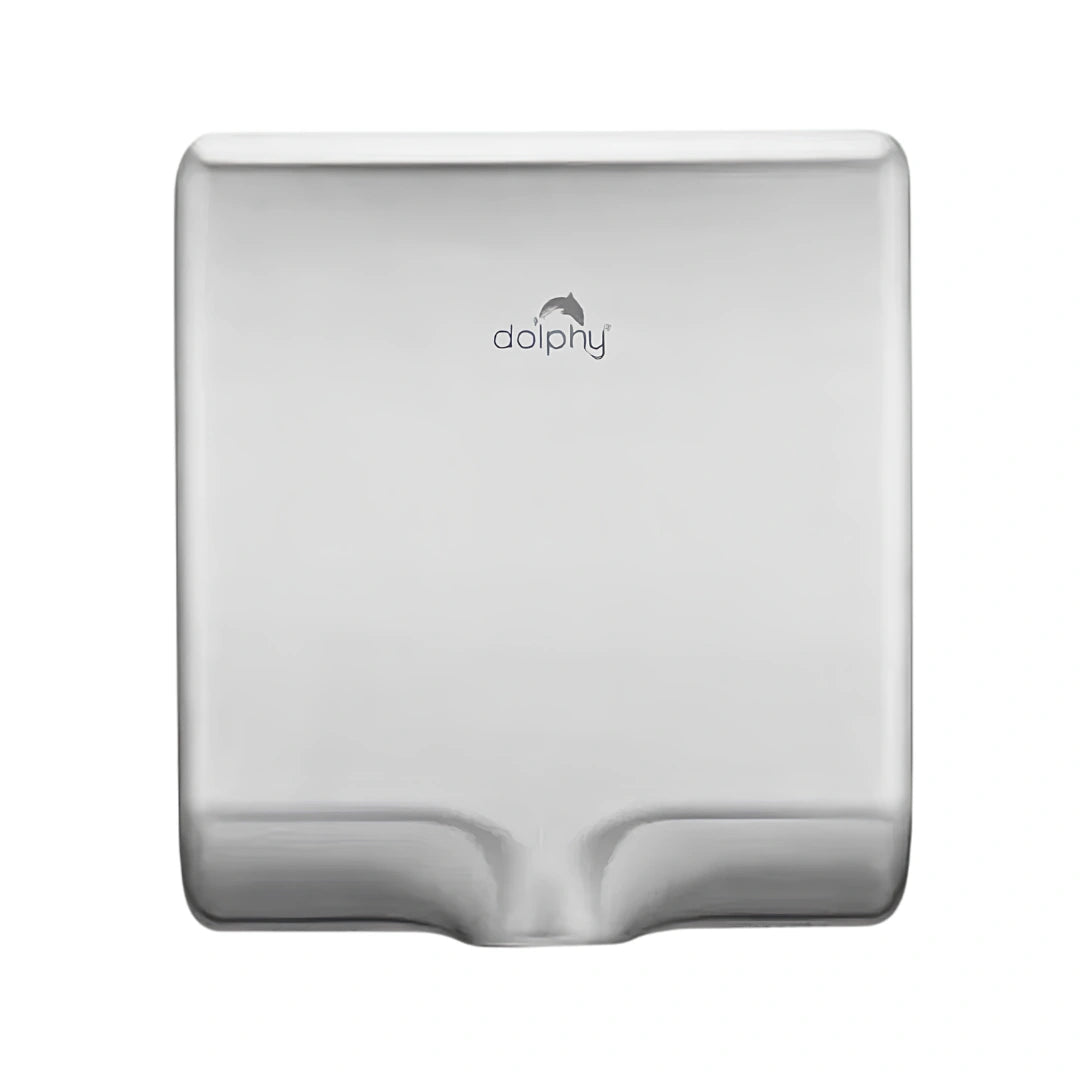 A wall-mounted Dolphin hand dryer in a brushed silver metallic finish, shown from a front-facing perspective against a plain white background.