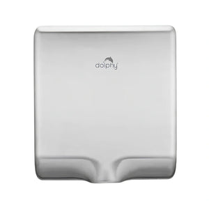A wall-mounted Dolphin hand dryer in a brushed silver metallic finish, shown from a front-facing perspective against a plain white background.