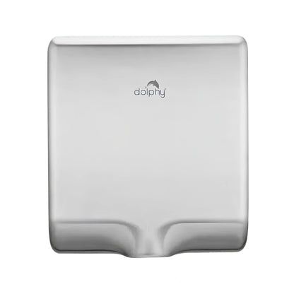 A wall-mounted Dolphin hand dryer in a brushed silver metallic finish, shown from a front-facing perspective against a plain white background.