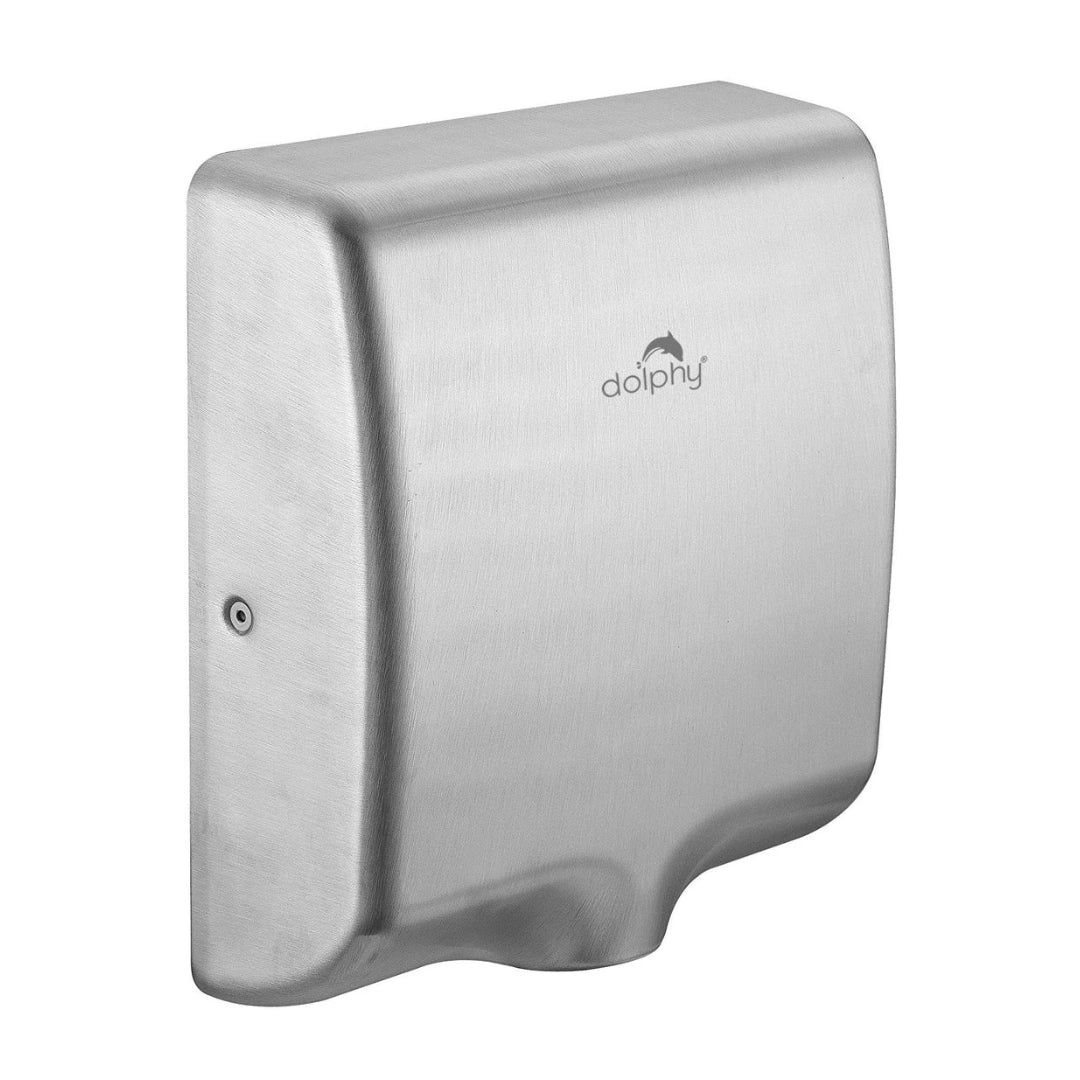A stainless steel wall-mounted hand dryer by Dolphin, shown from a three-quarter angle on a plain white background.