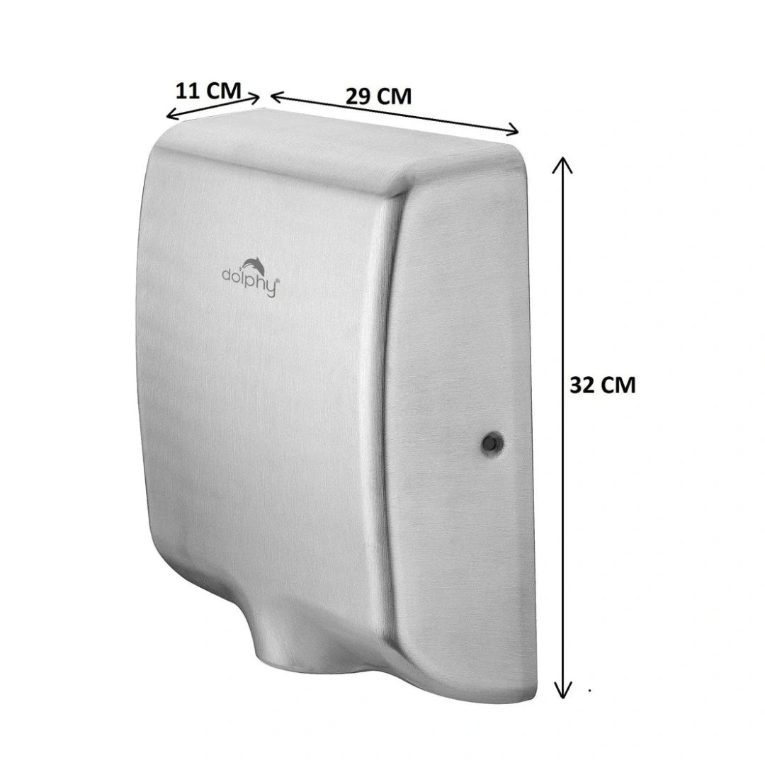 A wall-mounted stainless steel hand dryer shown on a white background with dimension arrows and labels indicating 11 cm width, 29 cm top depth, and 32 cm height.
