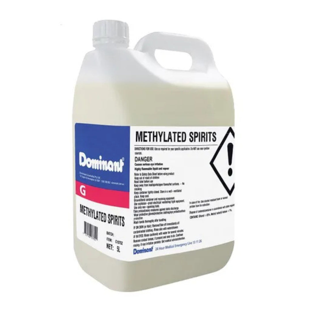 A 5-gallon plastic jug of Dominant brand Ethanol 900ML Methylated Spirits, featuring a white body, white cap, and a blue and white label with safety warning symbols.