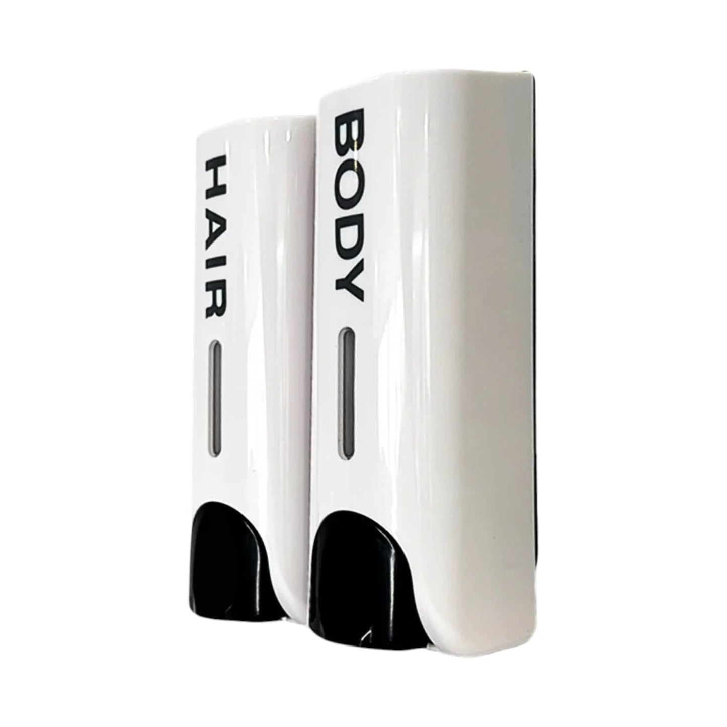 Two white wall-mounted dispenser units labeled HAIR and BODY, shown on a plain white background.