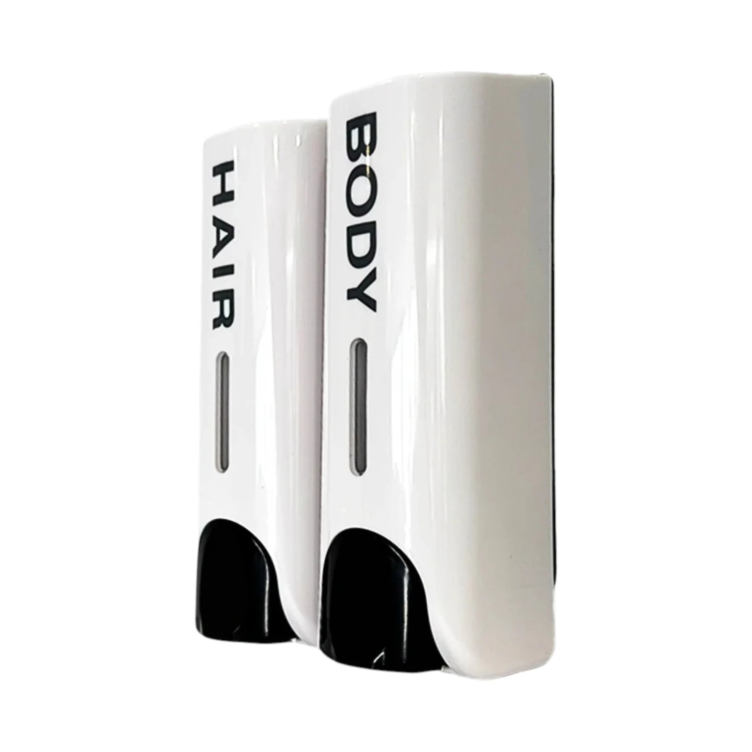 Two white wall-mounted dispenser units labeled HAIR and BODY, shown on a plain white background.