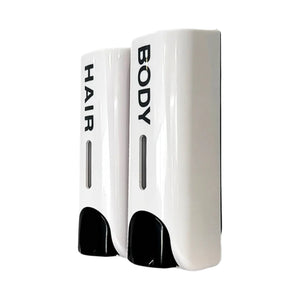 Two white wall-mounted dispenser units labeled HAIR and BODY, shown on a plain white background.