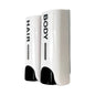 Two white wall-mounted dispenser units labeled HAIR and BODY, shown on a plain white background.