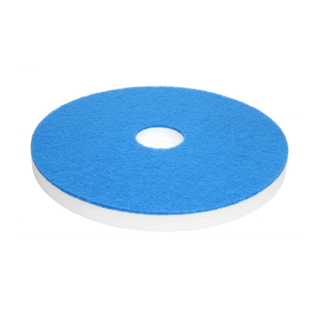 A circular blue felt pad with a white backing and a central hole, shown on a plain white background.