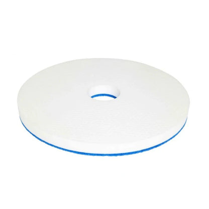 A round white foam pad with a central hole and a blue rim, shown on a plain white background.