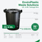 Black plastic garbage bins by EnviroPlastic Waste Solutions, shown on a white background with product specifications, dimensions, and a circular badge stating 98% recycled plastics.