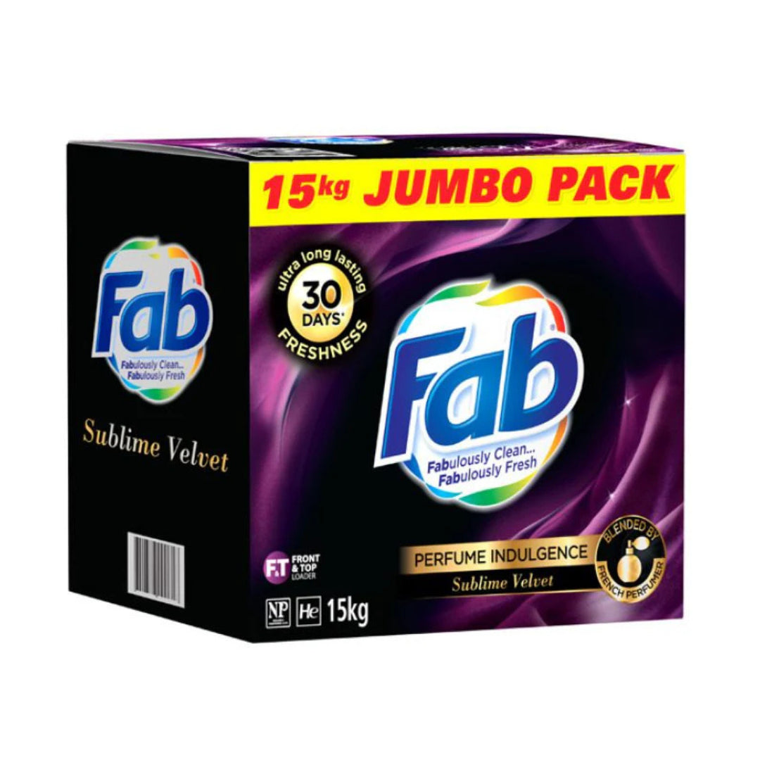 A 15kg jumbo pack of Fab Sublime Velvet laundry detergent, shown in its retail cardboard box packaging against a plain white background.