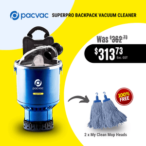 Pacvac SuperPro Backpack Vacuum Cleaner in blue and black, shown with a black carrying bag and a clear hose. The image includes a promotional price drop from $362.