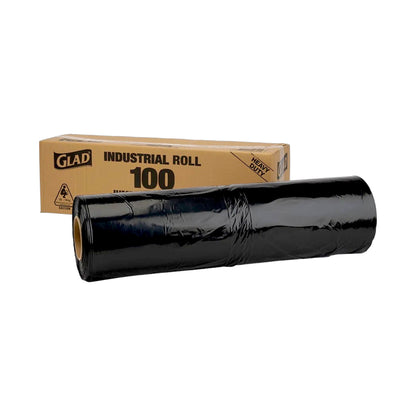 A black industrial roll of material placed in front of a brown cardboard box labeled GLAD INDUSTRIAL ROLL 100, on a plain white background.
