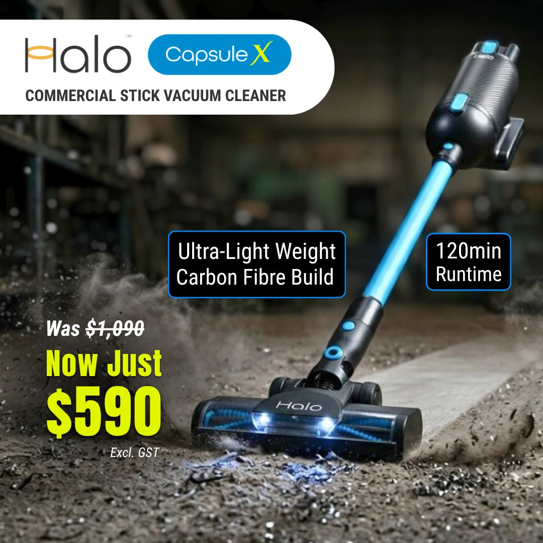 Halo Capsule X commercial stick vacuum cleaner with promotional text on a dark background
