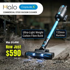 Halo Capsule X commercial stick vacuum cleaner with promotional text on a dark background