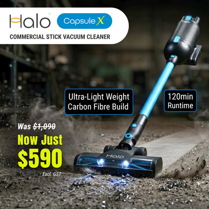 Halo Capsule X commercial stick vacuum cleaner with promotional text on a dark background