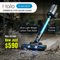 Halo Capsule X commercial stick vacuum cleaner with promotional text on a dark background