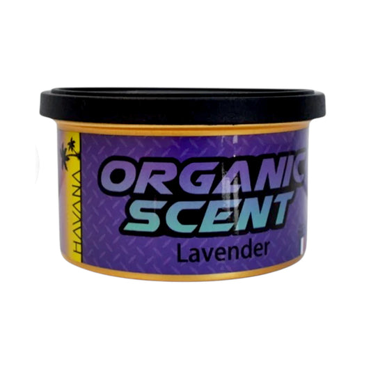 A cylindrical plastic tub of HAVANA Organic Scent in the Lavender variety, featuring a purple label with a black lid and yellow-gold borders.