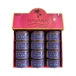 A 12-pack display box of HAVANA Car Air Freshener, Organic Scent, Lavender. The packaging features a bright pink and yellow header card with a palm tree graphic, holding twelve individual cylindrical metal cans with purple labels.