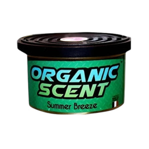 A cylindrical container of Organic Scent 'Summer Breeze' with a green label and a black lid, isolated on a white background.