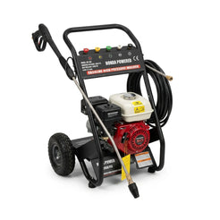 Honda-powered gasoline high pressure washer with a black frame, black wheels, a red engine, and a coiled black hose on a white background.