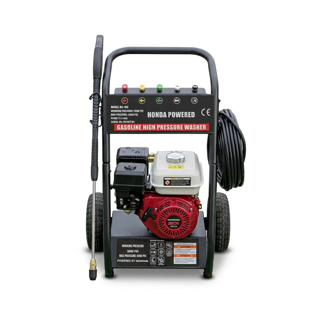 Honda-powered gasoline high pressure washer with a black frame, red and white engine, coiled black hose, and pressure washer wand, shown on a white background.