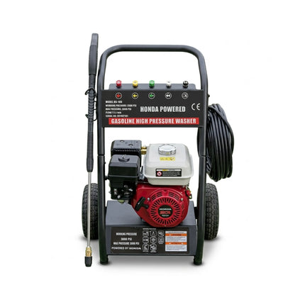 Honda-powered gasoline high pressure washer with a black frame, red and white engine, coiled black hose, and pressure washer wand, shown on a white background.