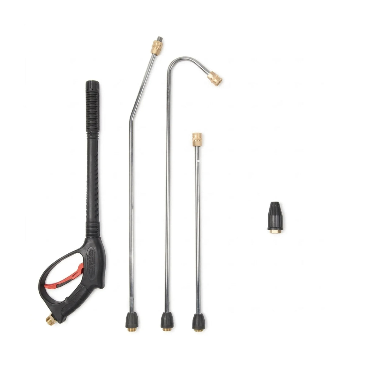 A pressure washer attachment kit with a black spray wand, three long metal nozzles of different shapes, and a small black nozzle tip, displayed on a clean white background.