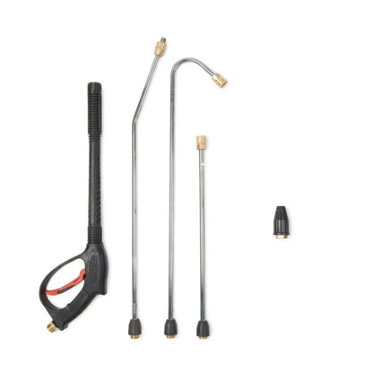 A pressure washer attachment kit with a black spray wand, three long metal nozzles of different shapes, and a small black nozzle tip, displayed on a clean white background.