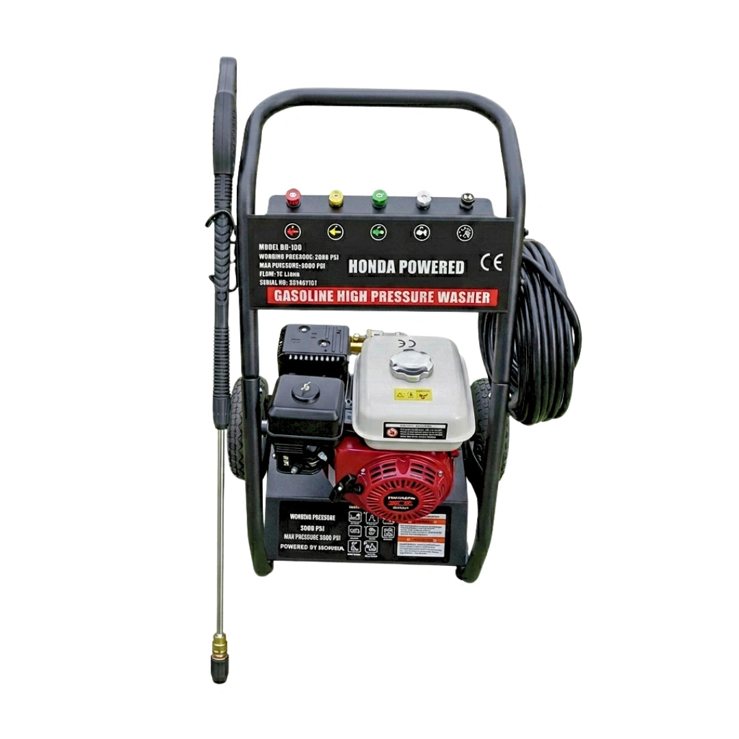 Honda-powered gasoline high pressure washer with a black frame, black hose, and red and white engine, shown on a plain white background.