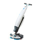 A white and gray electric floor scrubber with blue bristles and a T-handle, shown on a plain white background.