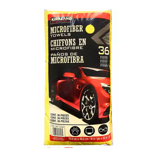 A package of Kirkland Signature Microfiber Towels, featuring a black and red design with a graphic of a red sports car and text indicating it contains 36 pieces.