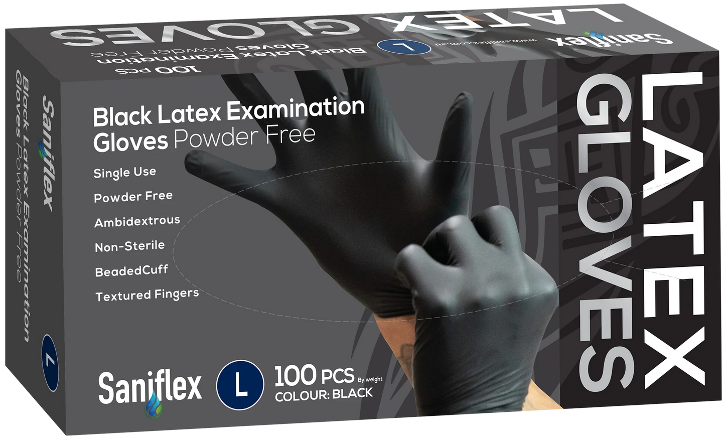 Saniflex Black Latex Examination Gloves, Powder Free, 100 Pack