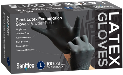 Saniflex Black Latex Examination Gloves, Powder Free, 100 Pack