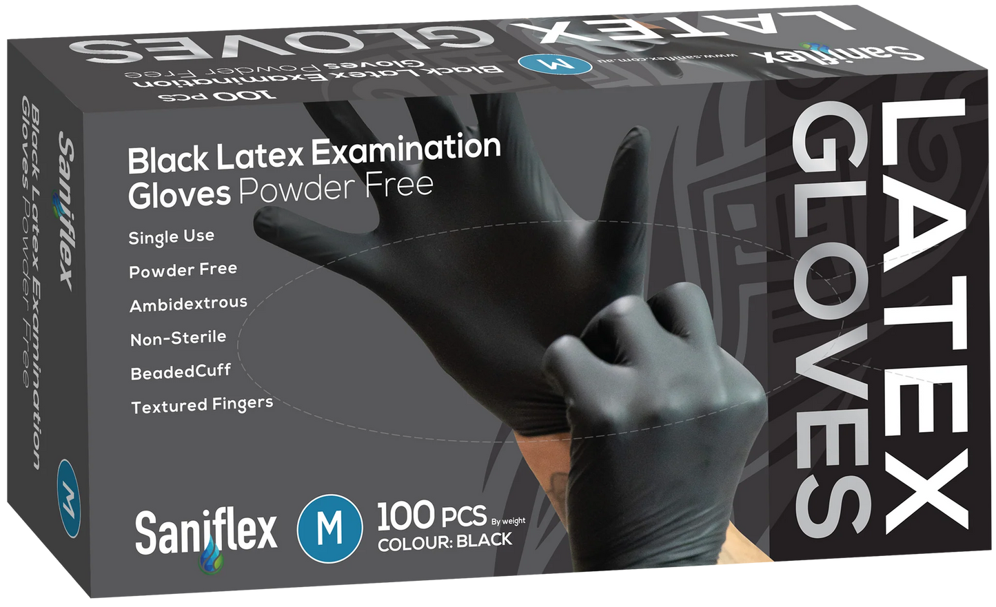 Saniflex Black Latex Examination Gloves, Powder Free, 100 Pack