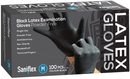 Saniflex Black Latex Examination Gloves, Powder Free, 100 Pack