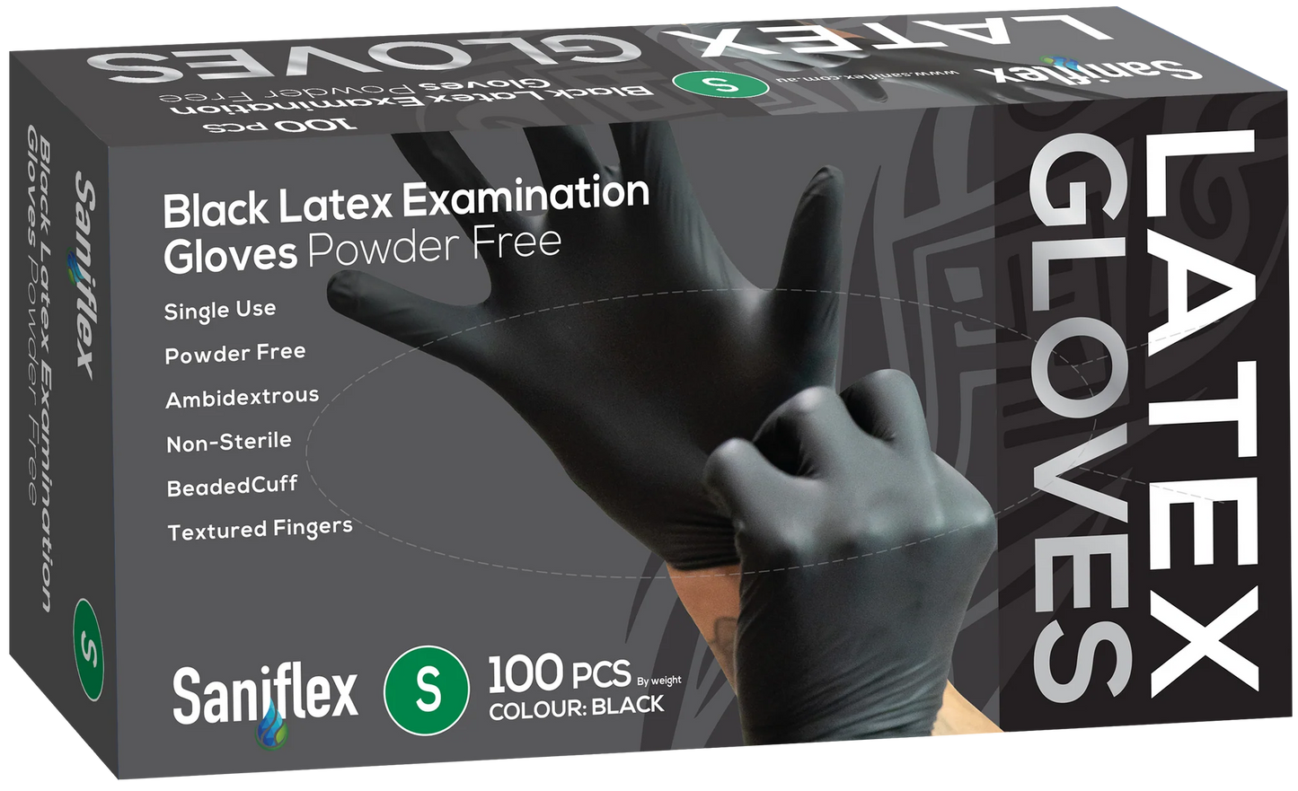 Saniflex Black Latex Examination Gloves, Powder Free, 100 Pack