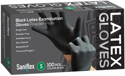 Saniflex Black Latex Examination Gloves, Powder Free, 100 Pack