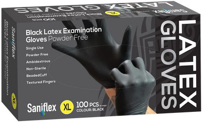 Saniflex Black Latex Examination Gloves, Powder Free, 100 Pack