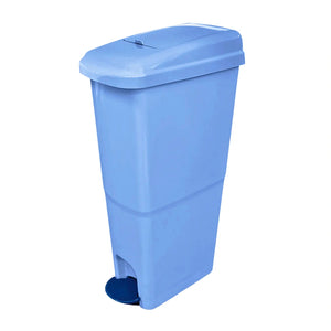 A light blue plastic step-through trash can with a matching lid and a dark blue circular foot pedal, shown on a plain white background.