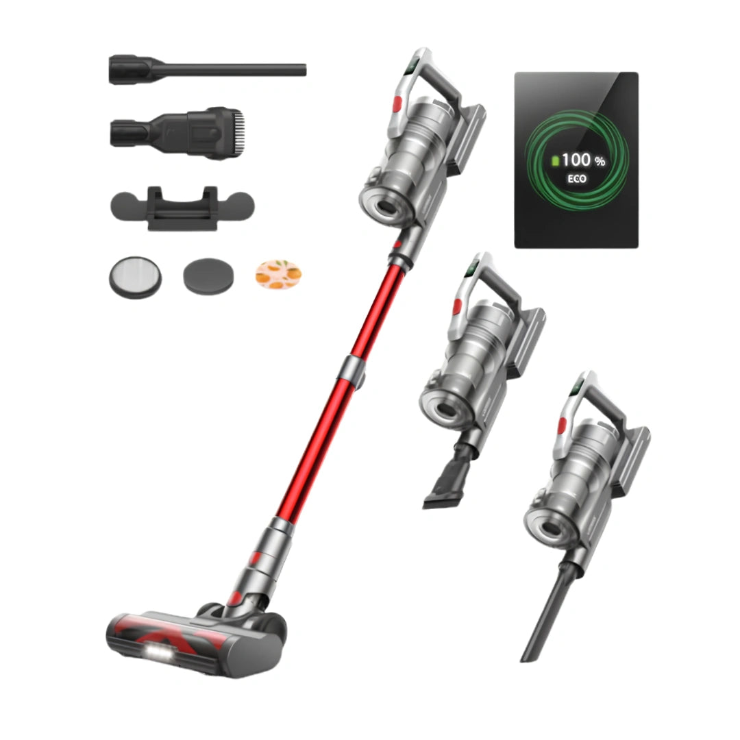 A cordless stick vacuum cleaner set shown on a white background, including the main vacuum, three alternate head configurations, several attachments, a charging dock, and a small display indicating 100% Eco.