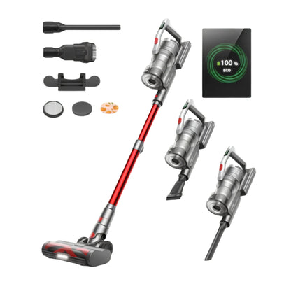 A cordless stick vacuum cleaner set shown on a white background, including the main vacuum, three alternate head configurations, several attachments, a charging dock, and a small display indicating 100% Eco.