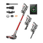 A cordless stick vacuum cleaner set shown on a white background, including the main vacuum, three alternate head configurations, several attachments, a charging dock, and a small display indicating 100% Eco.