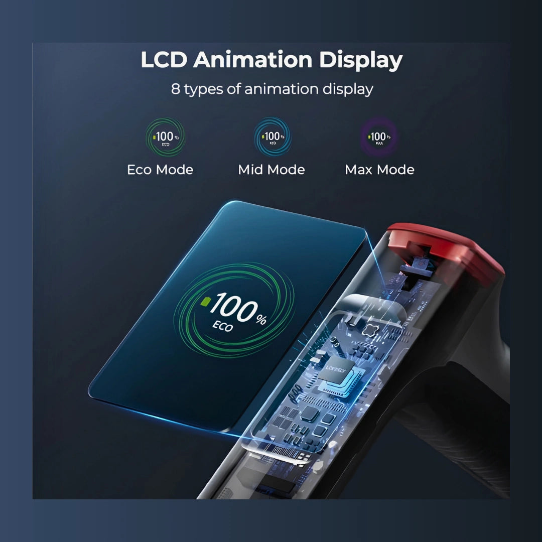 A promotional graphic for an LCD animation display showing a transparent screen panel with a glowing 100% Eco display, alongside a close-up of a device's internal circuitry and a red edge. Text at the top reads 'LCD Animation Display' and '8 types of animation display' with Eco Mode, Mid Mode, and Max Mode labels.
